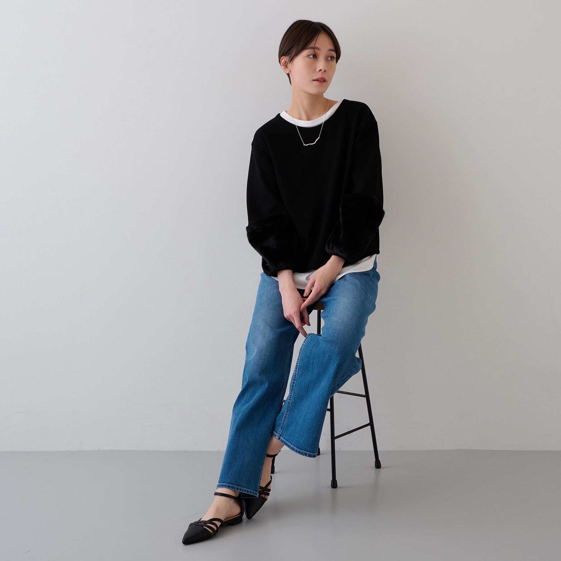 INDIVI「【洗える／UVケア／SETUP可能】メランジ調フェイクファー切り替えトップス」|Tシャツ・カットソー|