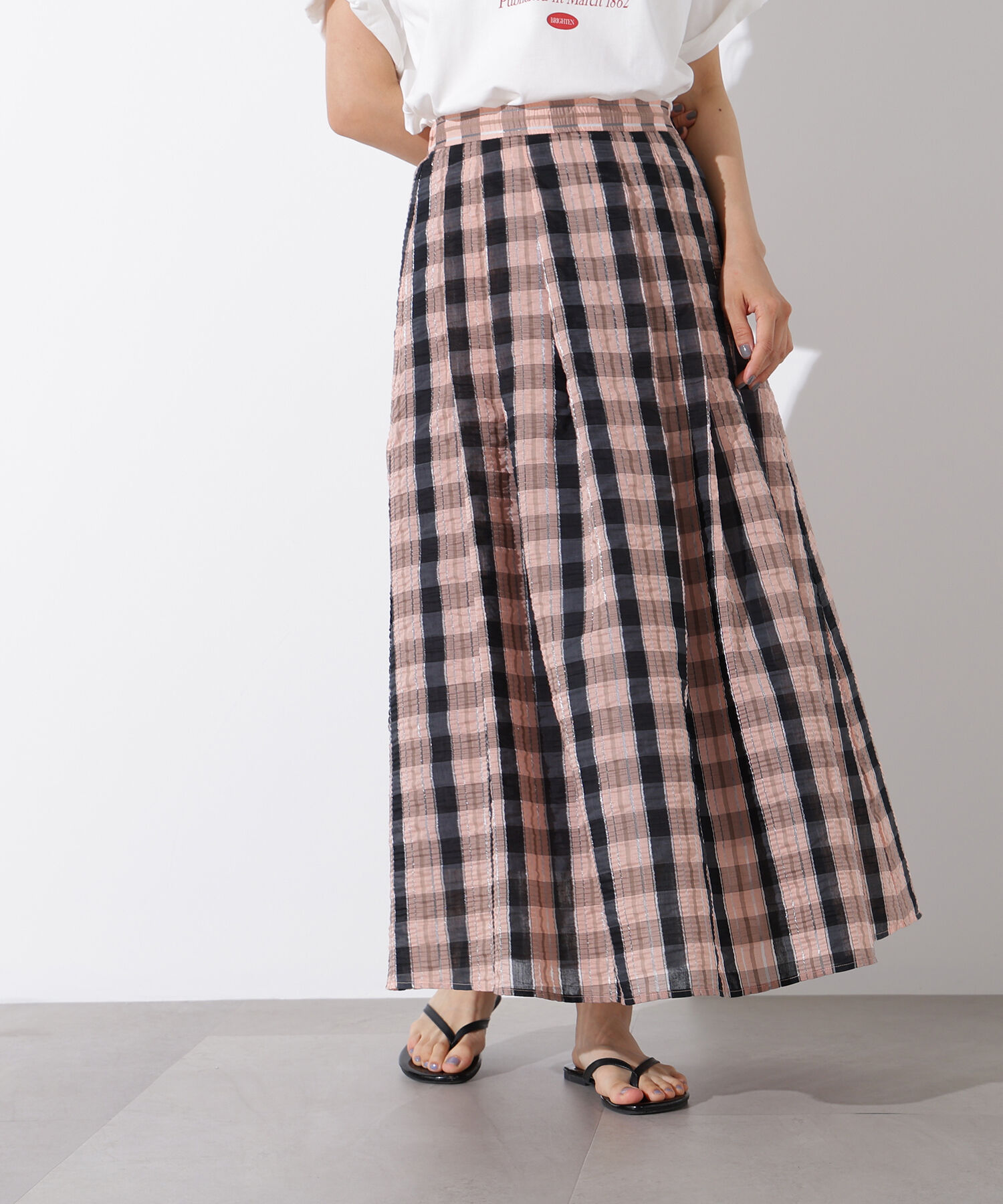  「シアーチェックフレアスカート」|スカート|ピンクベース2