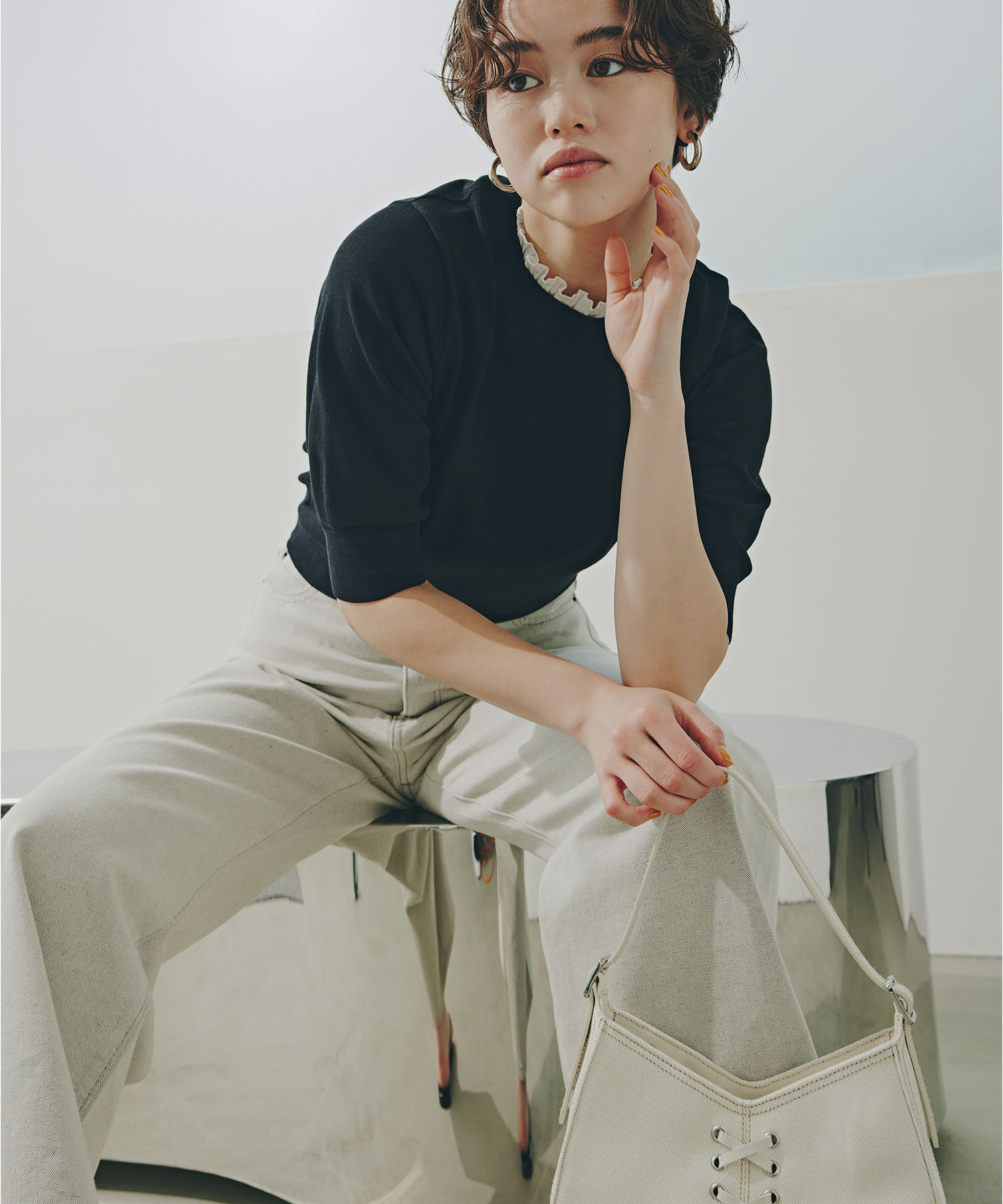  「フリルネックフォルムスリーブニット」|ニット・セーター|