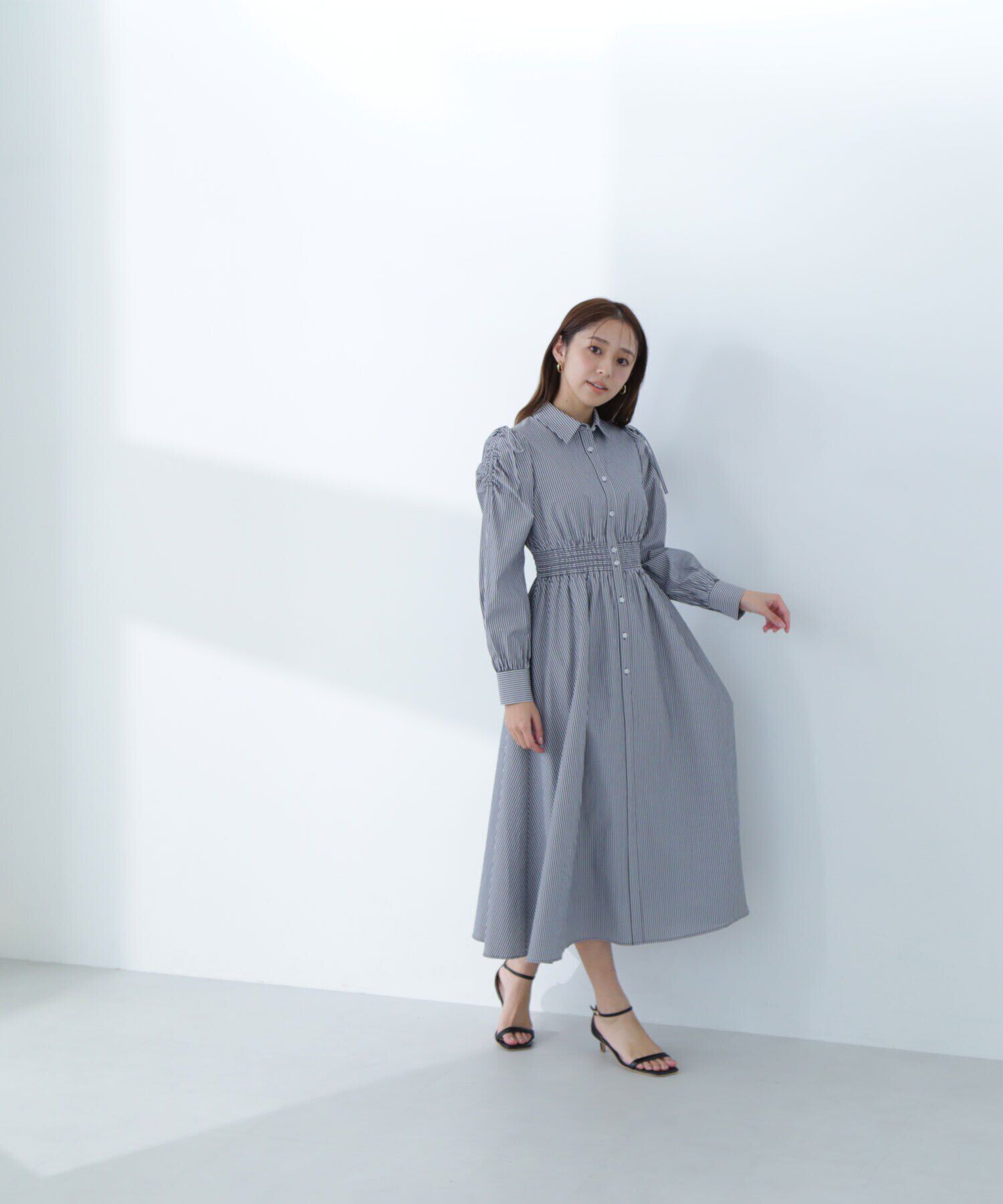  「ギャザースリーブストライプシャツワンピース」|ワンピース|