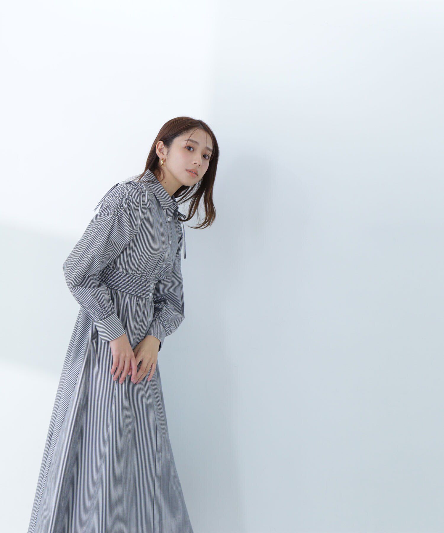  「ギャザースリーブストライプシャツワンピース」|ワンピース|
