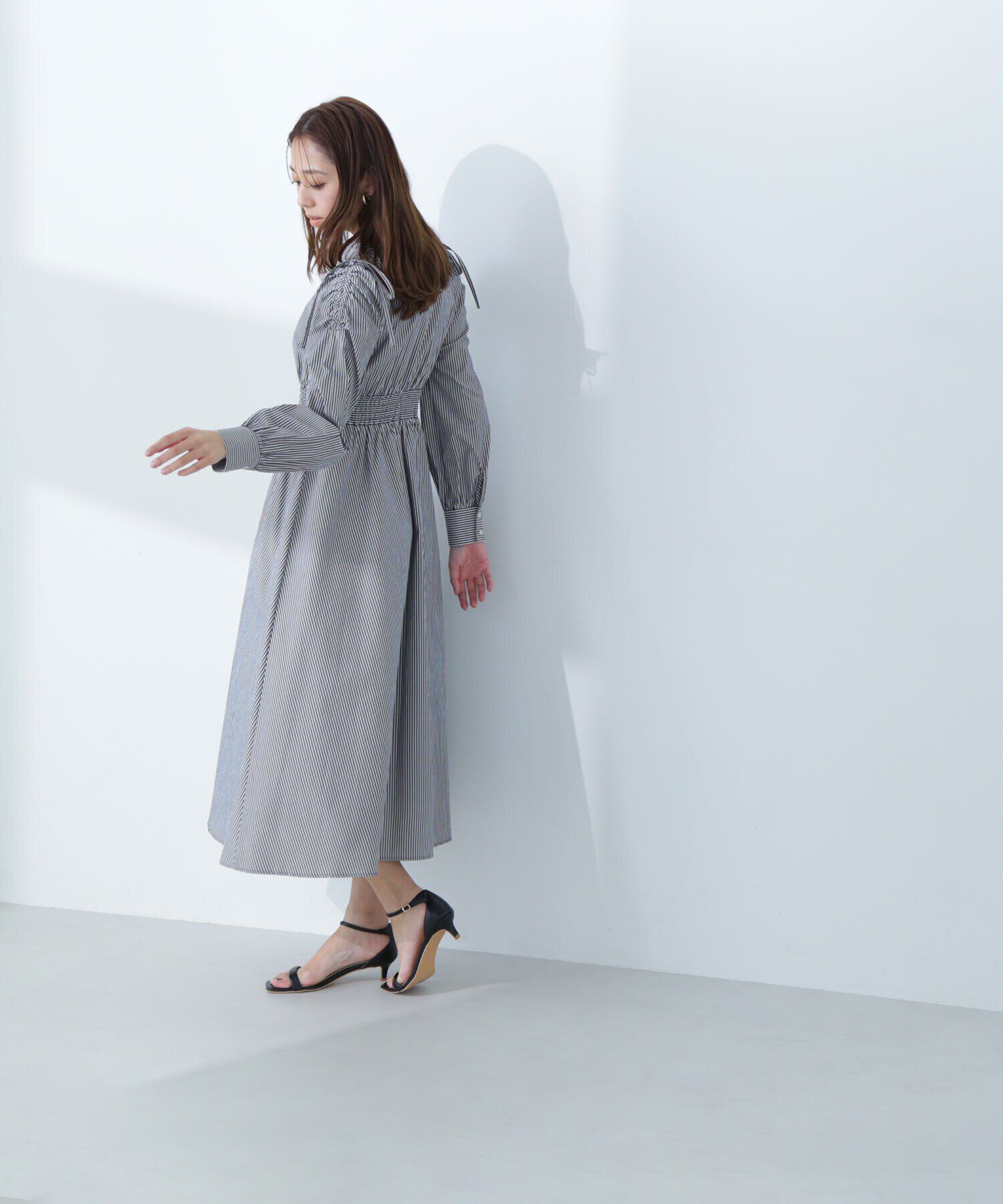  「ギャザースリーブストライプシャツワンピース」|ワンピース|