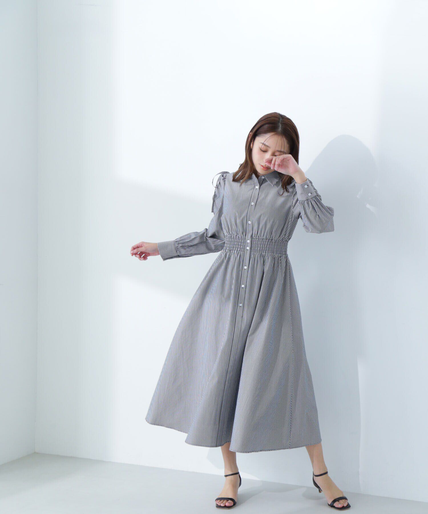  「ギャザースリーブストライプシャツワンピース」|ワンピース|