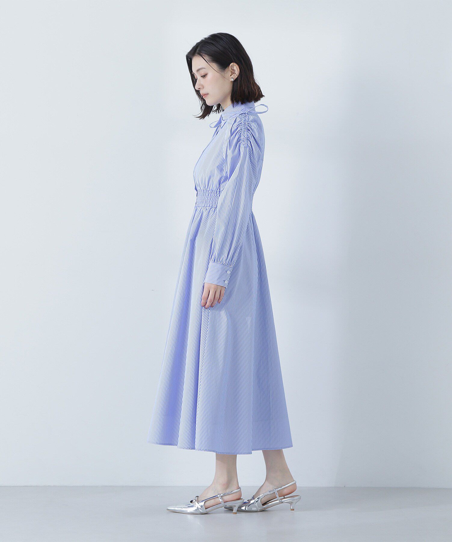  「ギャザースリーブストライプシャツワンピース」|ワンピース|