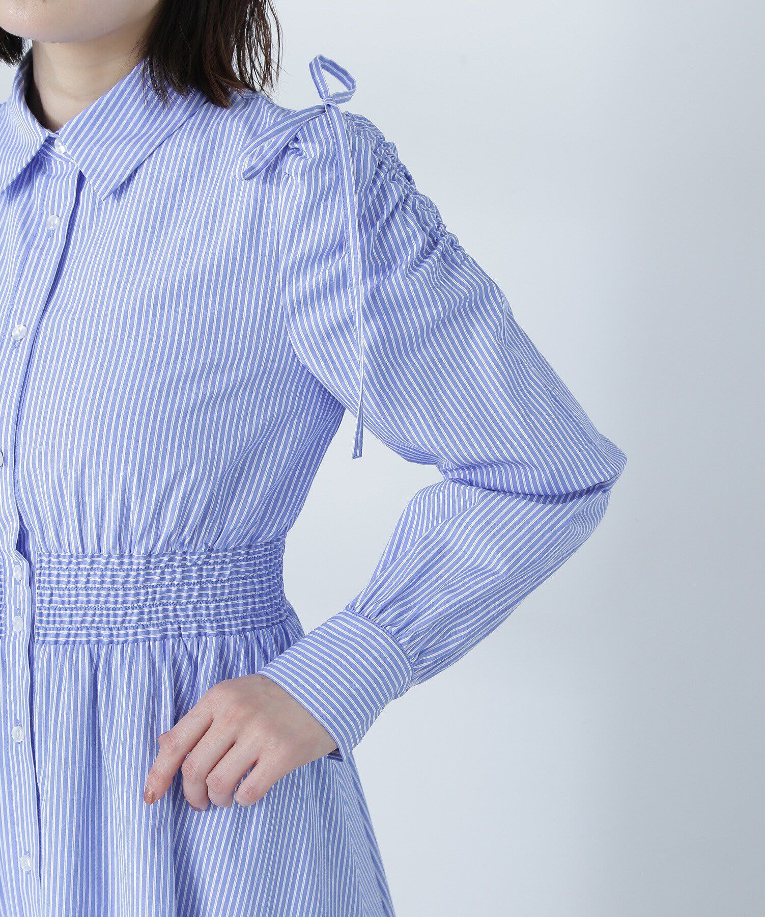  「ギャザースリーブストライプシャツワンピース」|ワンピース|