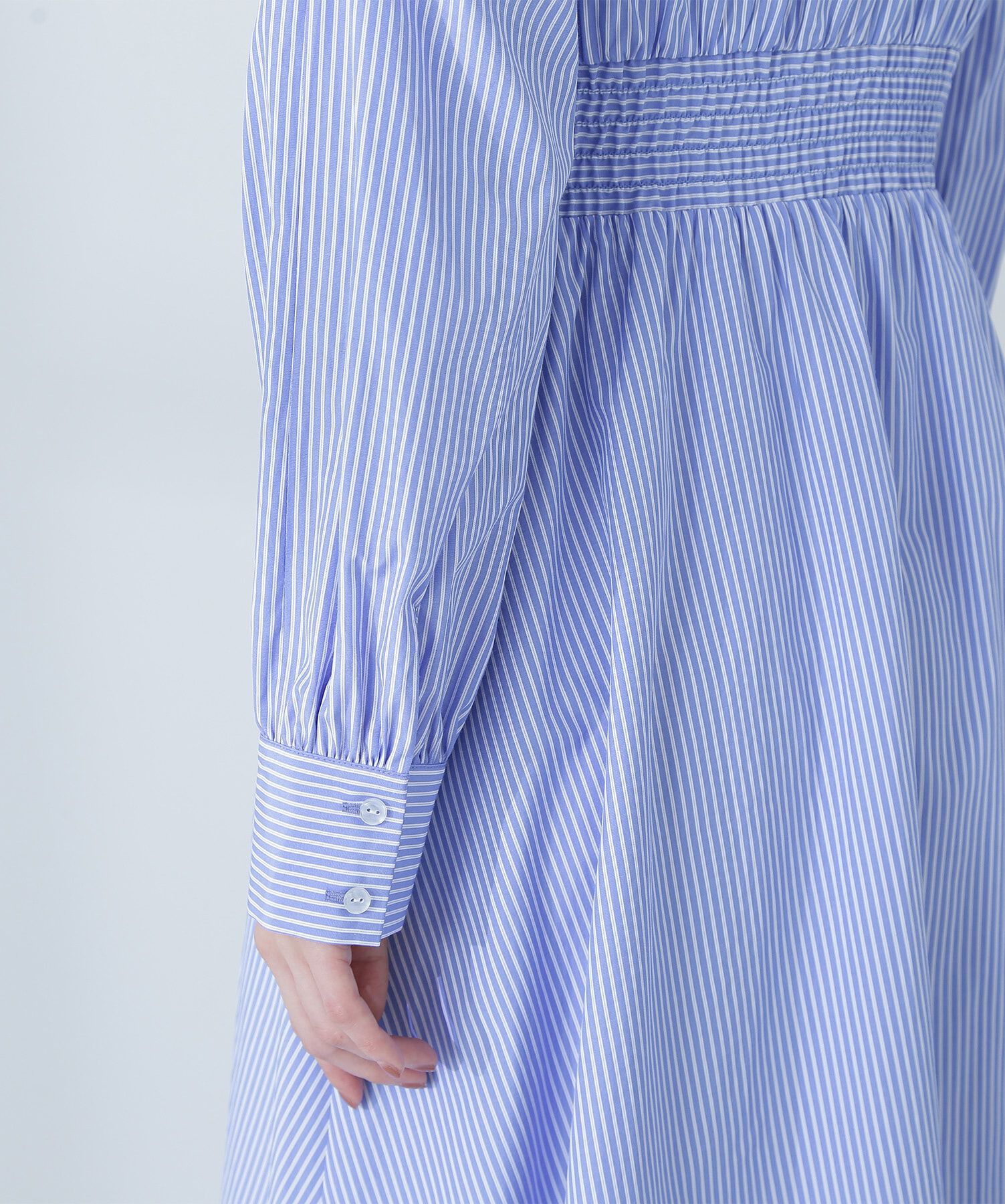  「ギャザースリーブストライプシャツワンピース」|ワンピース|