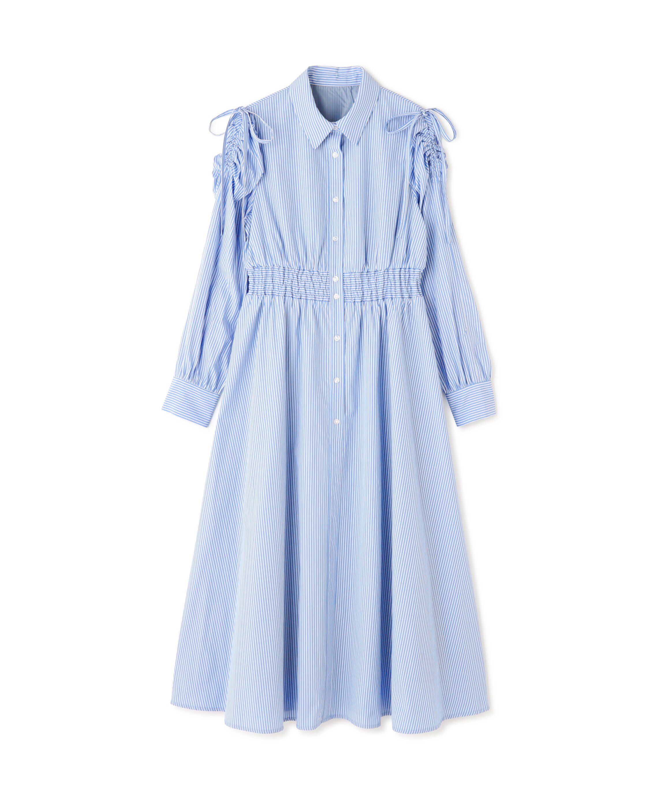  「ギャザースリーブストライプシャツワンピース」|ワンピース|