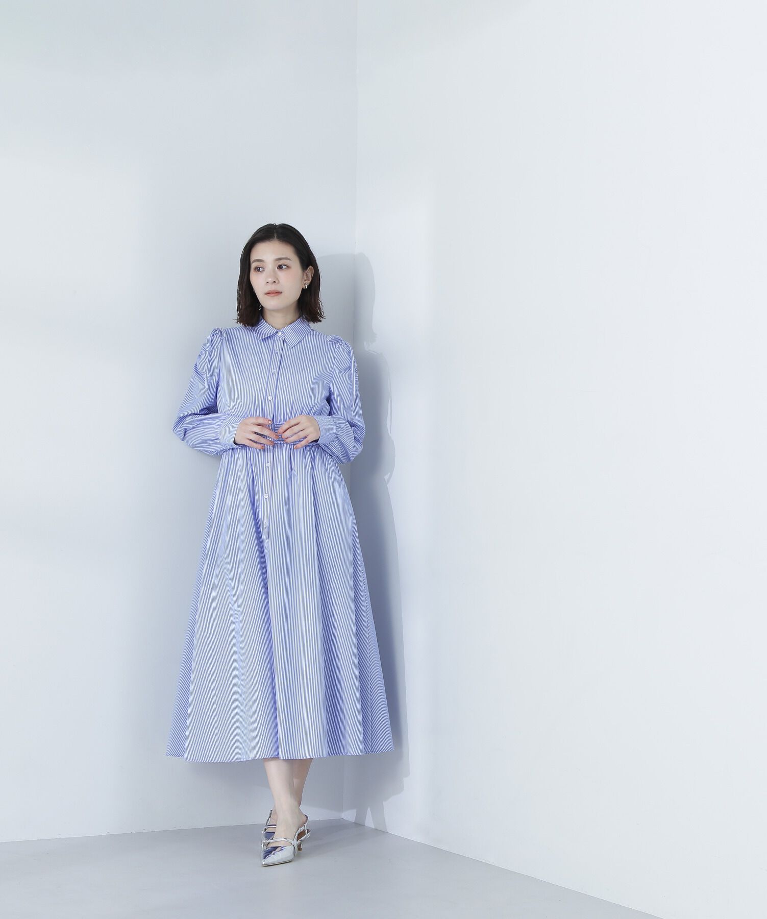  「ギャザースリーブストライプシャツワンピース」|ワンピース|