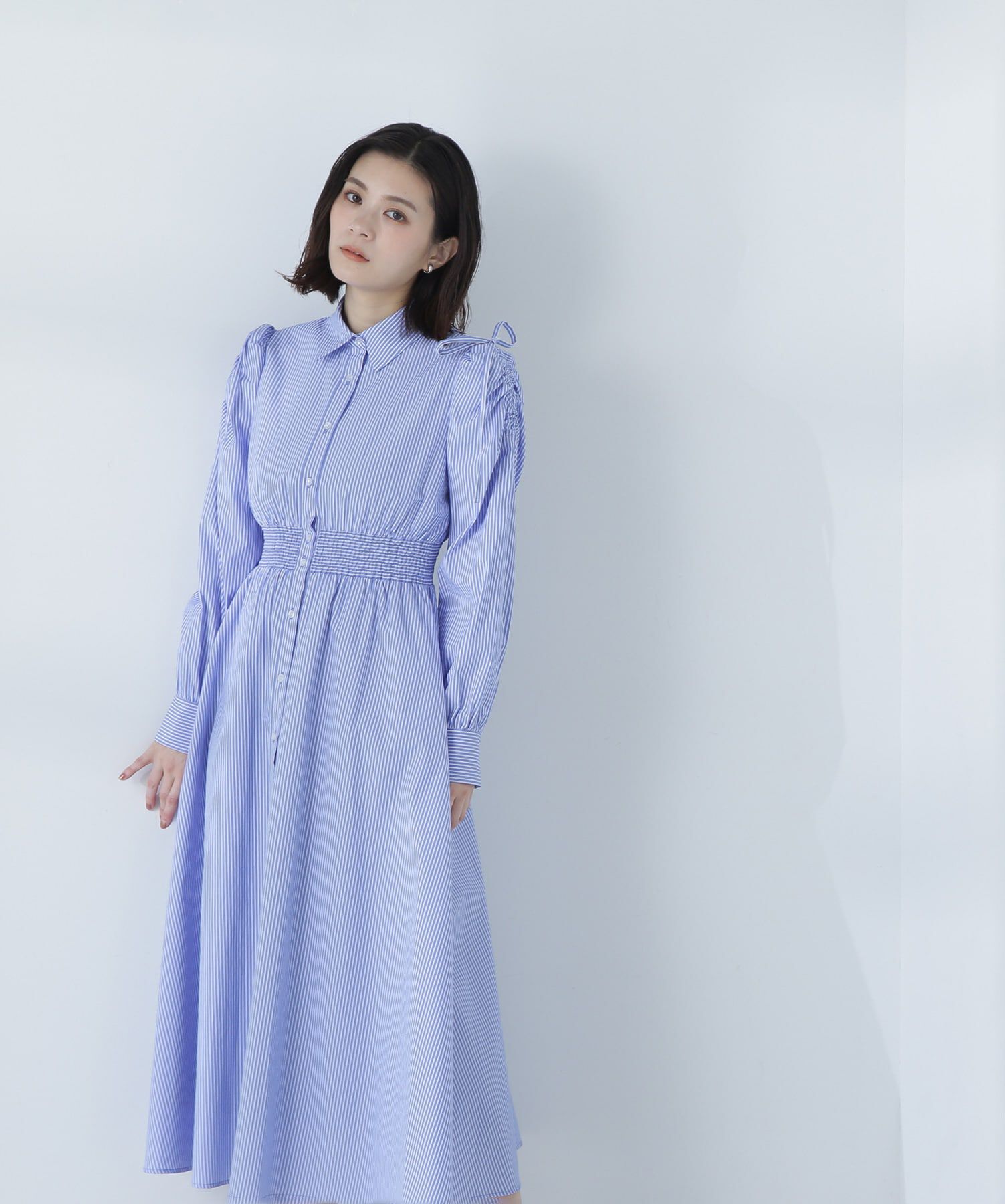  「ギャザースリーブストライプシャツワンピース」|ワンピース|