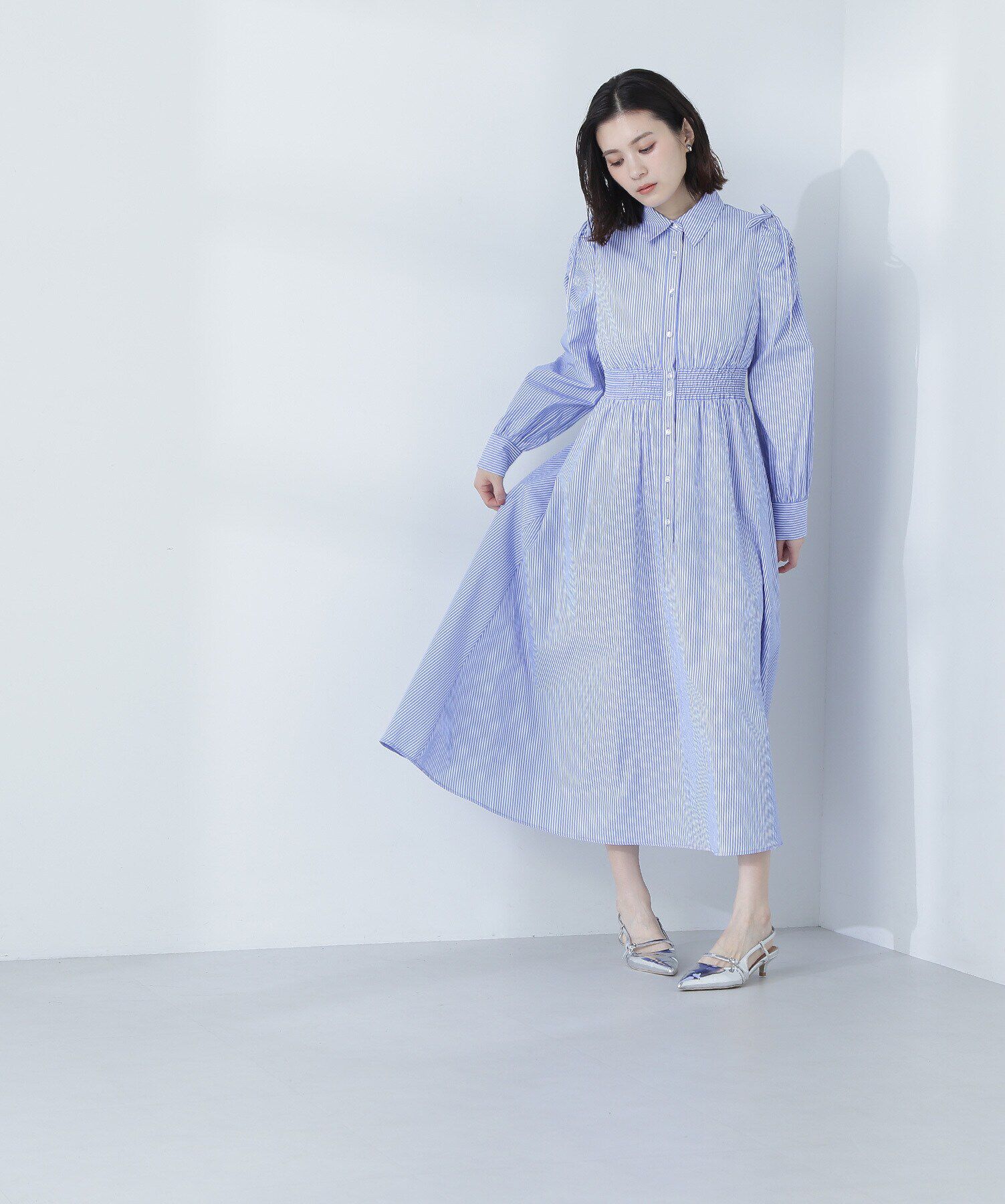  「ギャザースリーブストライプシャツワンピース」|ワンピース|