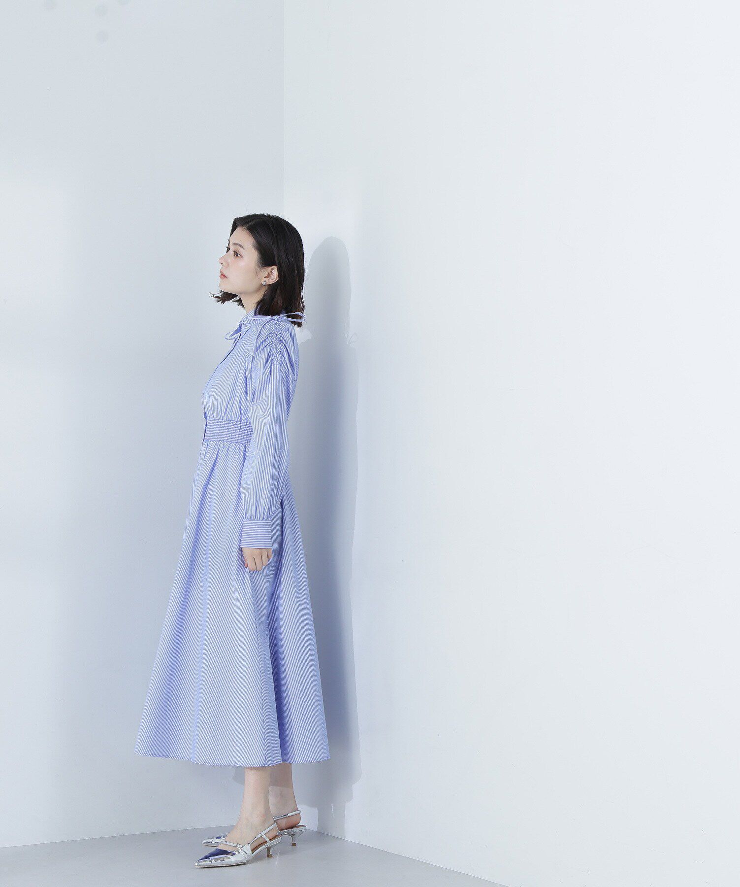  「ギャザースリーブストライプシャツワンピース」|ワンピース|