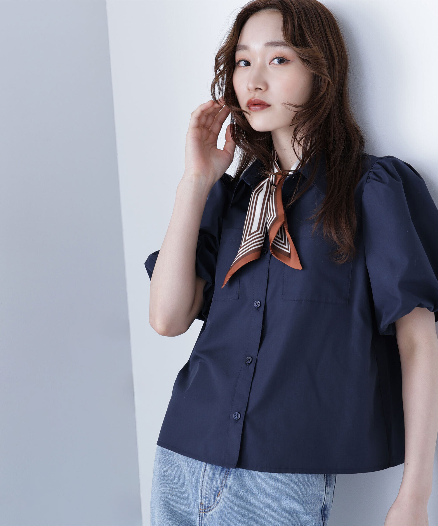  「スカーフ付バルーンスリーブシャツ」|シャツ・ブラウス|ネイビー