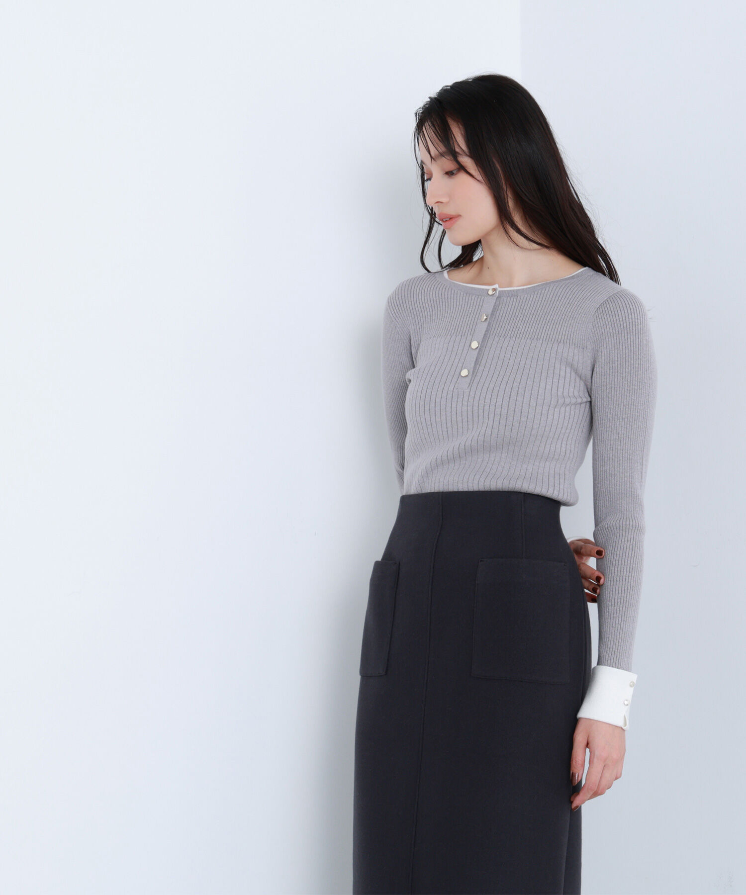  「フロントボタンバイカラーニット」|ニット・セーター|