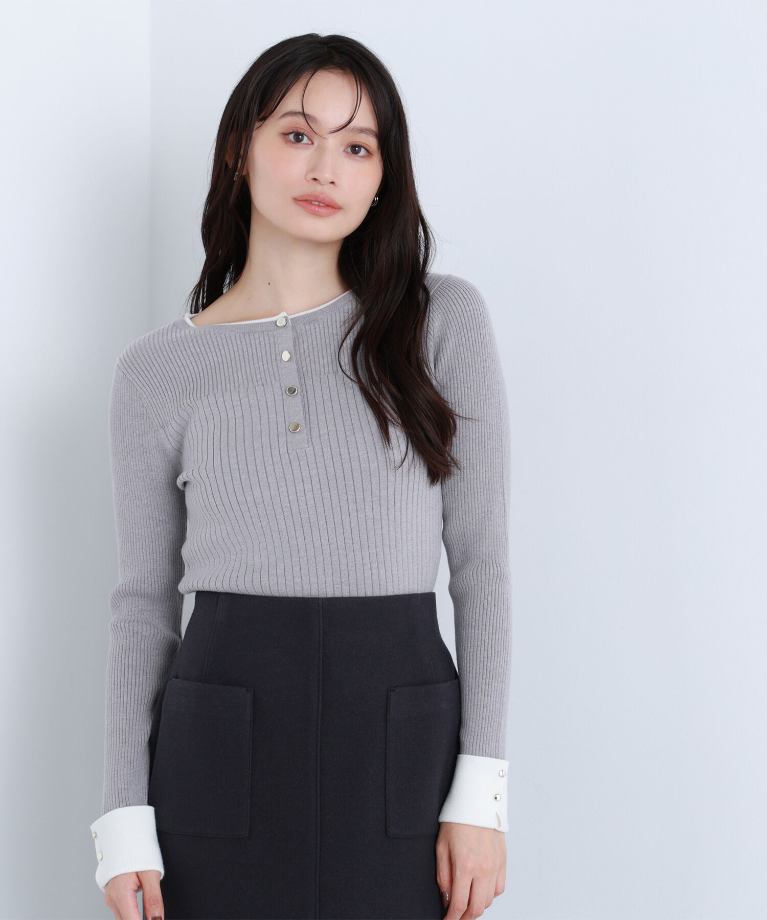  「フロントボタンバイカラーニット」|ニット・セーター|