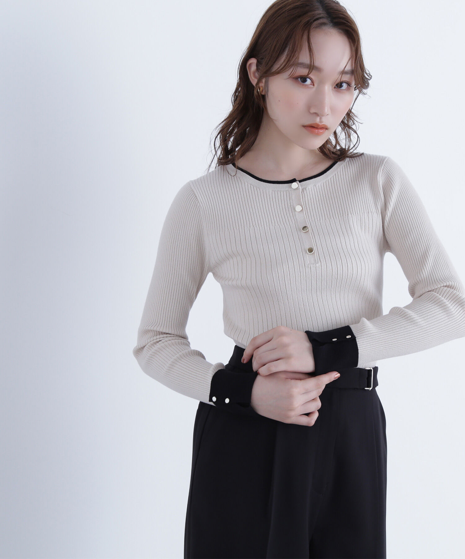  「フロントボタンバイカラーニット」|ニット・セーター|