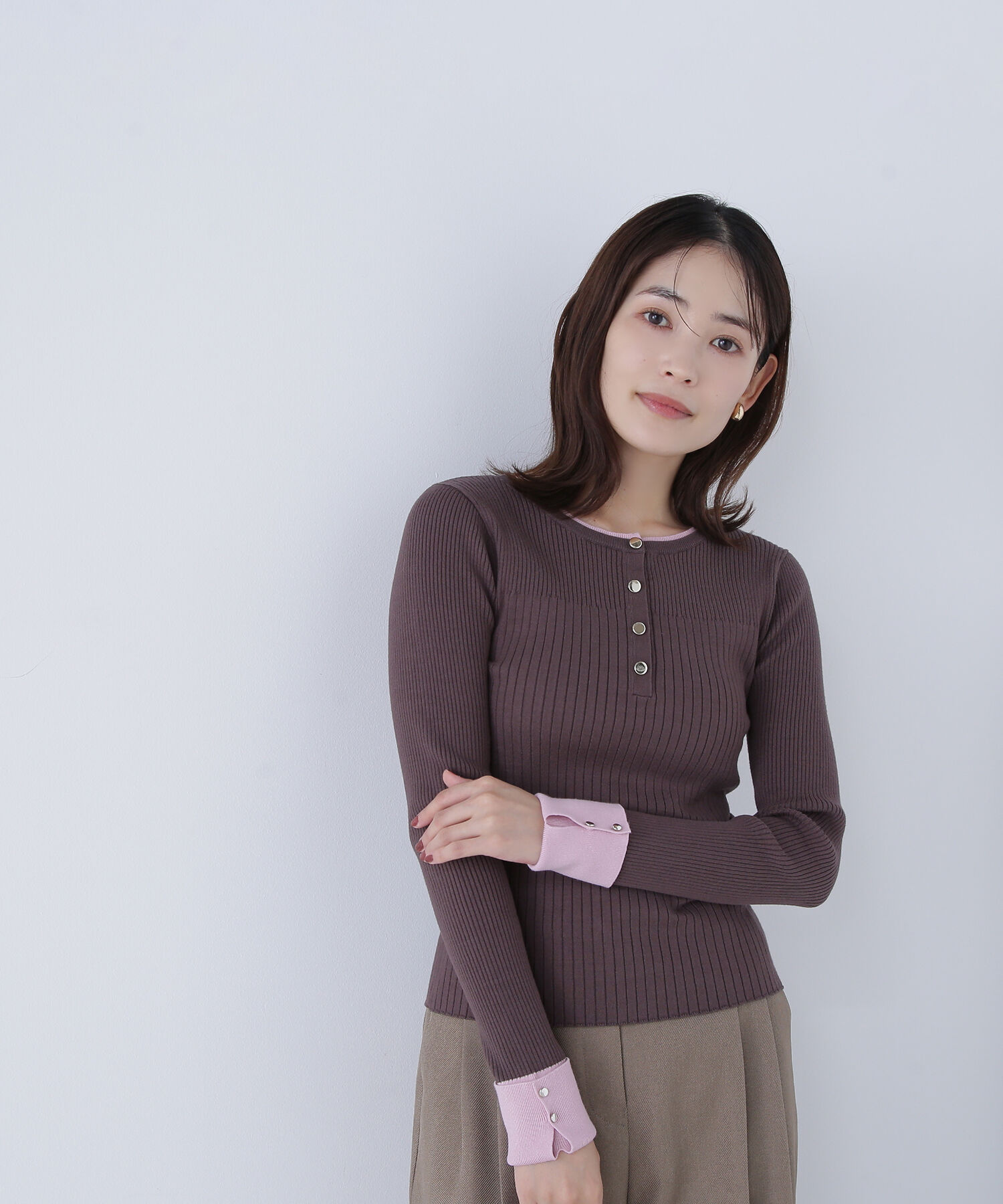  「フロントボタンバイカラーニット」|ニット・セーター|