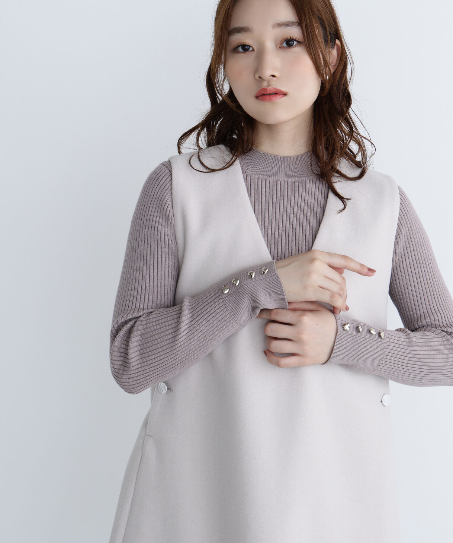  「ハートボタンカフスニット」|ニット・セーター|ベージュ