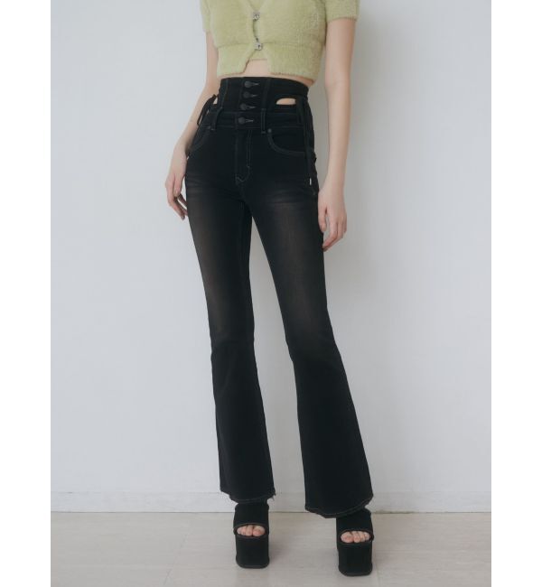 EMODA「カットアウトリボンハイウエストフレアパギンス」|デニム|