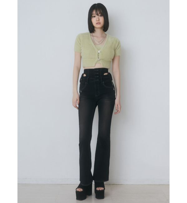 EMODA「カットアウトリボンハイウエストフレアパギンス」|デニム|