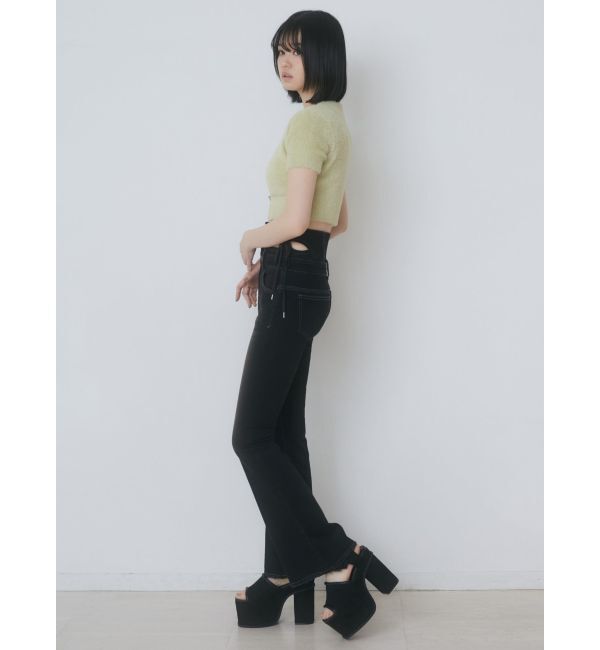 EMODA「カットアウトリボンハイウエストフレアパギンス」|デニム|