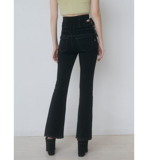 EMODA「カットアウトリボンハイウエストフレアパギンス」|デニム|