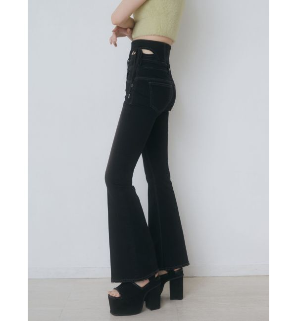 EMODA「カットアウトリボンハイウエストフレアパギンス」|デニム|