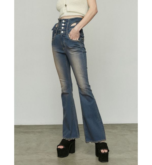 EMODA「カットアウトリボンハイウエストフレアパギンス」|デニム|