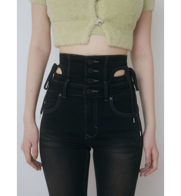 EMODA「カットアウトリボンハイウエストフレアパギンス」|デニム|