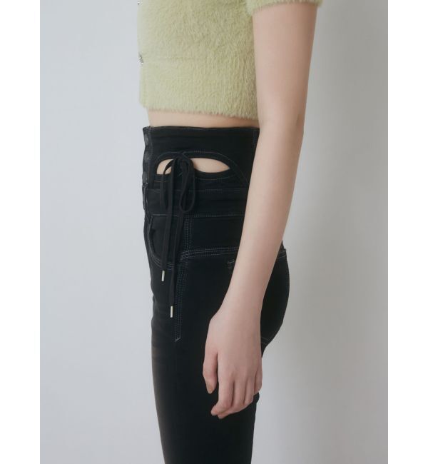 EMODA「カットアウトリボンハイウエストフレアパギンス」|デニム|