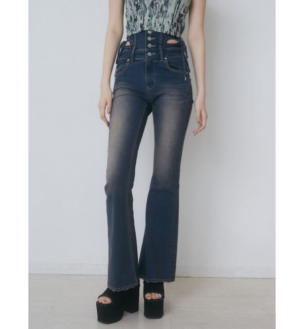 EMODA「カットアウトリボンハイウエストフレアパギンス」|デニム|