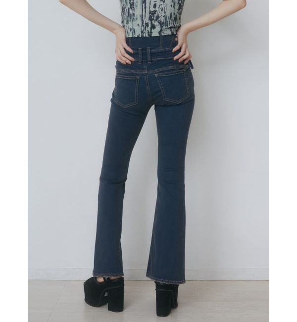 EMODA「カットアウトリボンハイウエストフレアパギンス」|デニム|