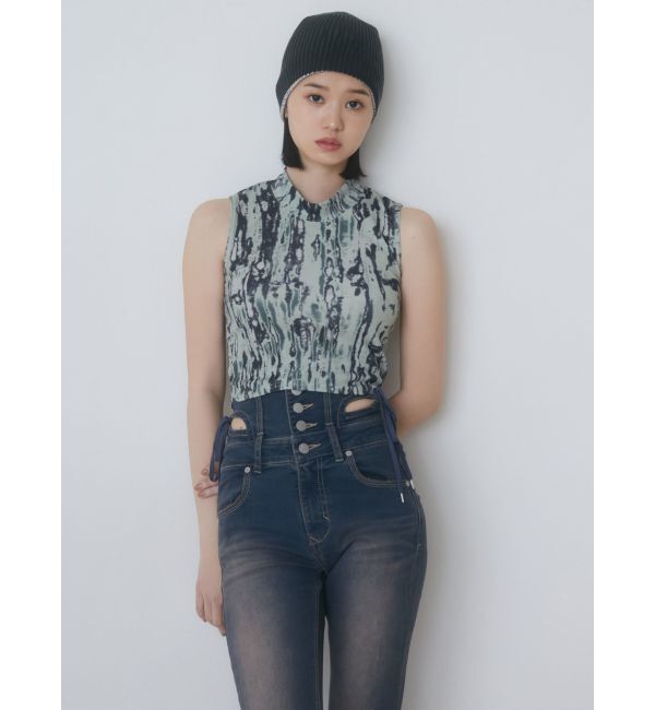 EMODA「カットアウトリボンハイウエストフレアパギンス」|デニム|