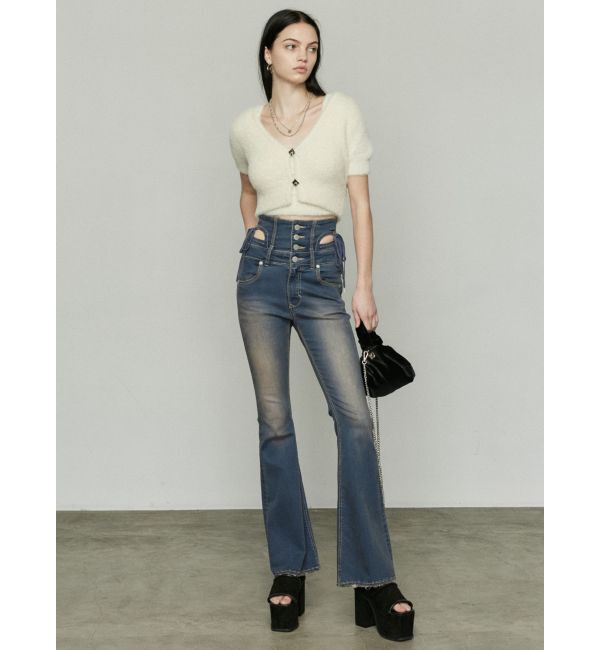 EMODA「カットアウトリボンハイウエストフレアパギンス」|デニム|