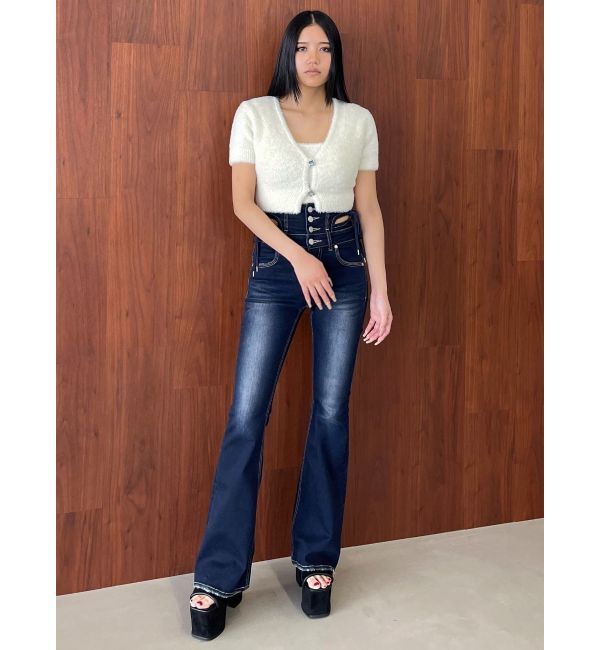 EMODA「カットアウトリボンハイウエストフレアパギンス」|デニム|