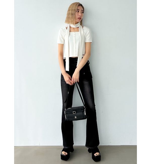 EMODA「カットアウトリボンハイウエストフレアパギンス」|デニム|