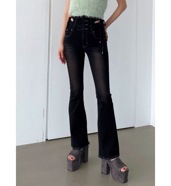 EMODA「カットアウトリボンハイウエストフレアパギンス」|デニム|