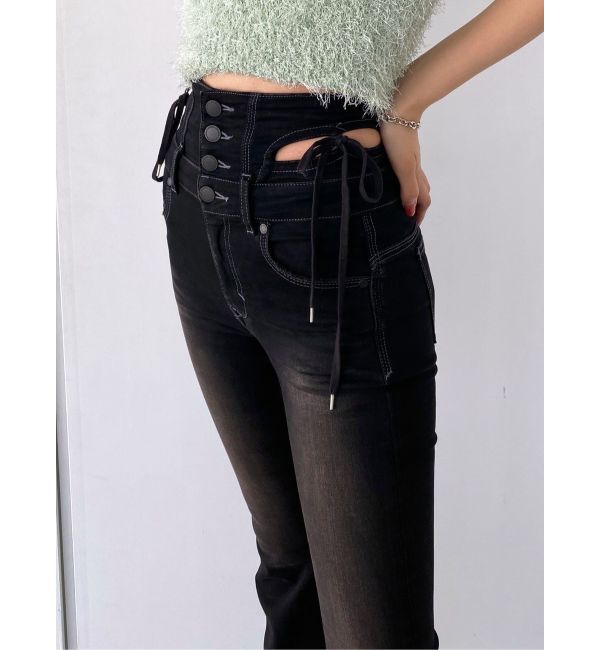 EMODA「カットアウトリボンハイウエストフレアパギンス」|デニム|