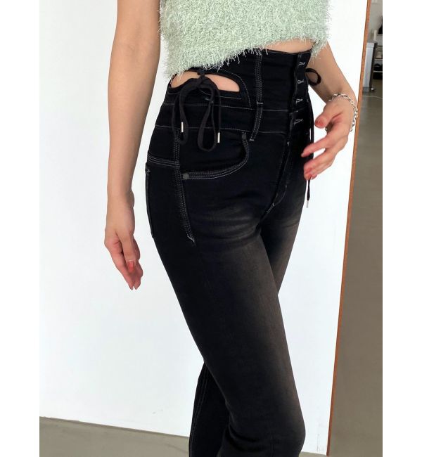 EMODA「カットアウトリボンハイウエストフレアパギンス」|デニム|