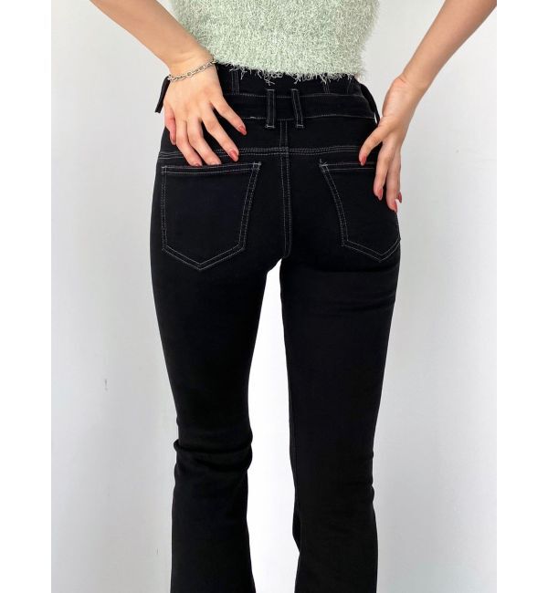 EMODA「カットアウトリボンハイウエストフレアパギンス」|デニム|