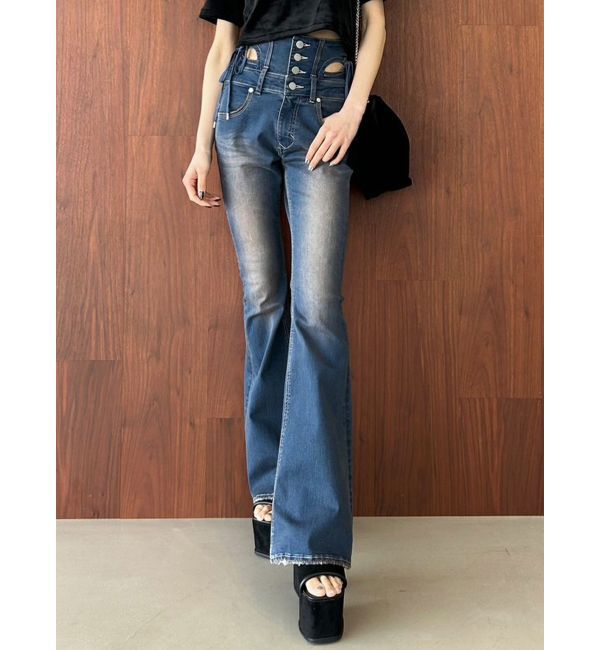 EMODA「カットアウトリボンハイウエストフレアパギンス」|デニム|