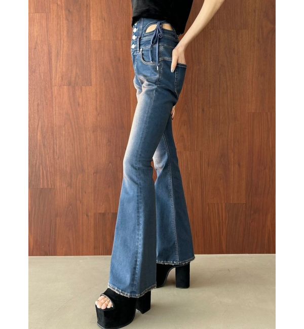 EMODA「カットアウトリボンハイウエストフレアパギンス」|デニム|