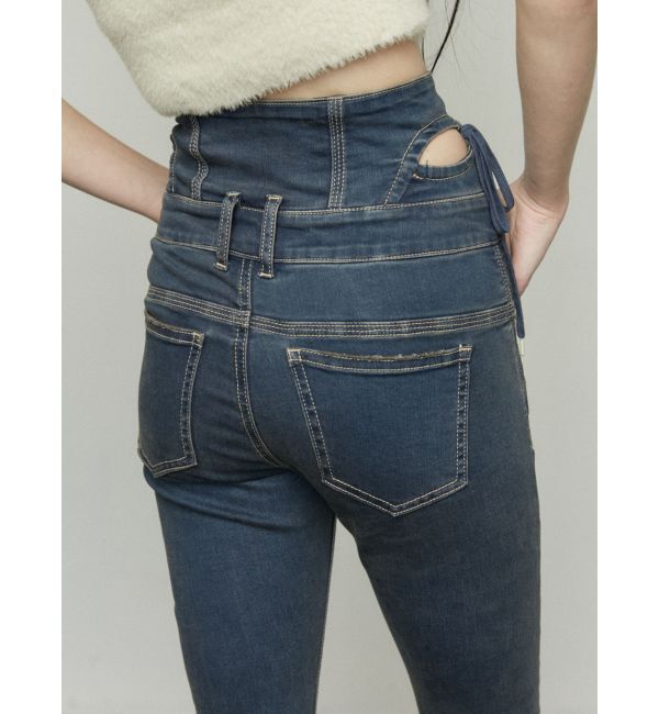 EMODA「カットアウトリボンハイウエストフレアパギンス」|デニム|