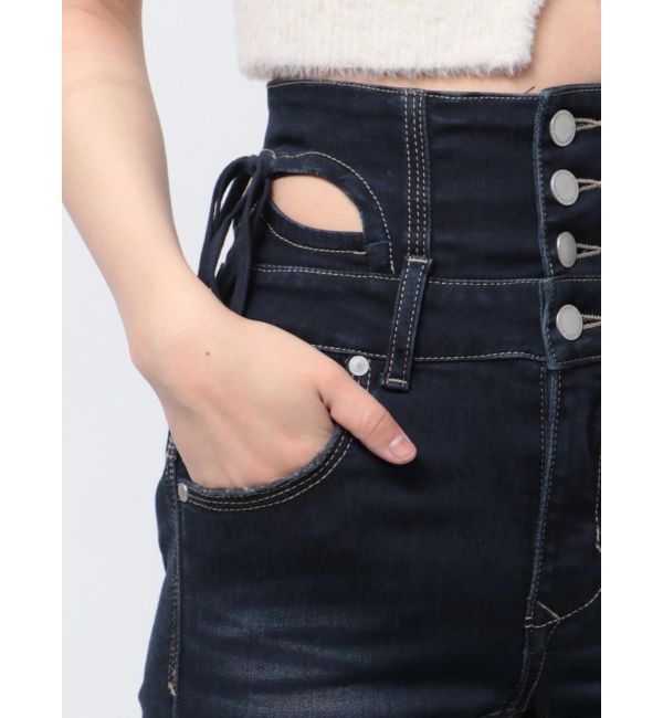 EMODA「カットアウトリボンハイウエストフレアパギンス」|デニム|