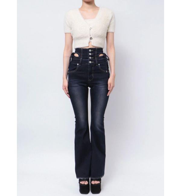 EMODA「カットアウトリボンハイウエストフレアパギンス」|デニム|