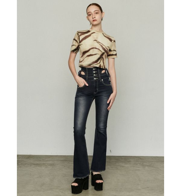 EMODA「カットアウトリボンハイウエストフレアパギンス」|デニム|