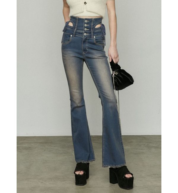 EMODA「カットアウトリボンハイウエストフレアパギンス」|デニム|ブルー