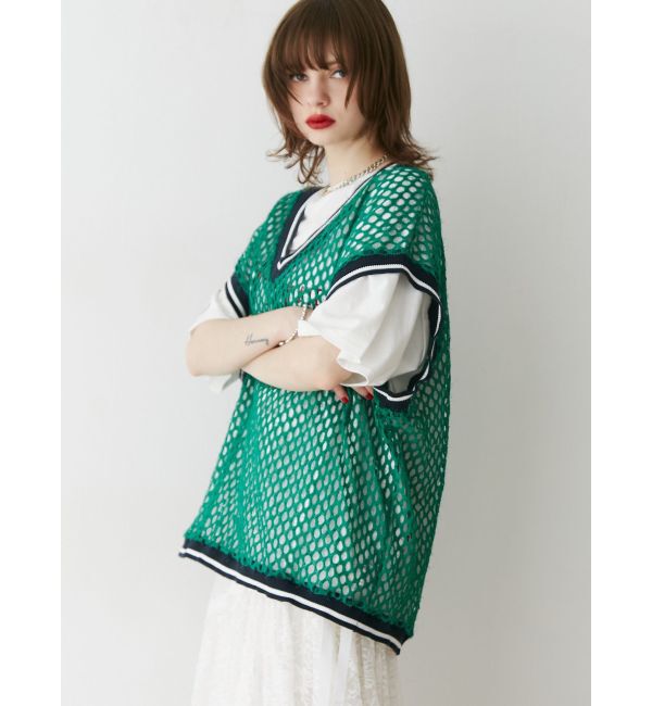 jouetie「Vネックメッシュチュニックベスト」|ベスト・ジレ|