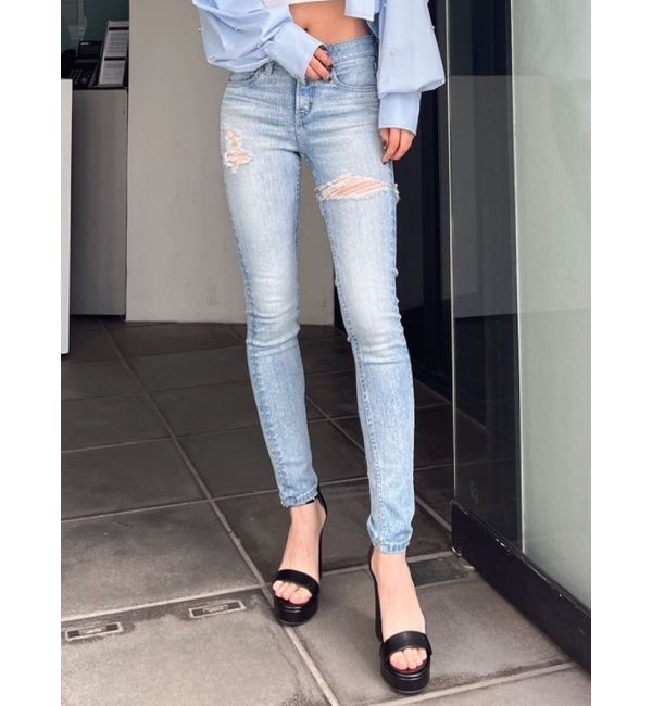 GYDA「ジャストウエスト side connected rippedスキニーデニムパンツ」|デニム|アイスブルー
