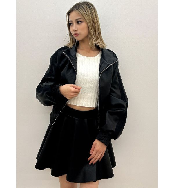 GYDA「レースラインボリュームスリーブフェイクレザージャケット【SETUP着用可】」|ブルゾン・スタジャン|ブラック