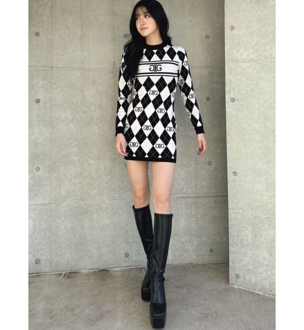 GYDA「アーガイルSymmetry GYDAタイトニットワンピース」|ワンピース|